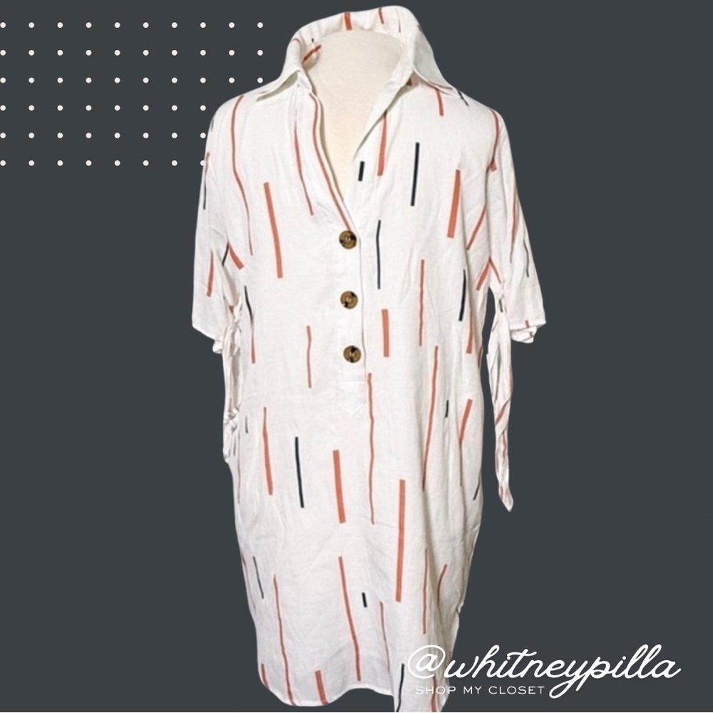 5/$20 Lush White Button-Front Shirt Dress with Rust and Navy Stripes